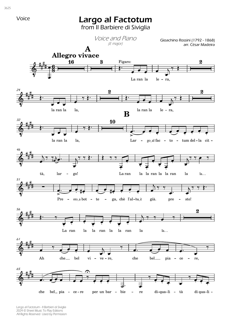 Largo al Factotum - Voice and Piano - E Major (Individual Parts) Piano, Vocal scores gallery preview page 1