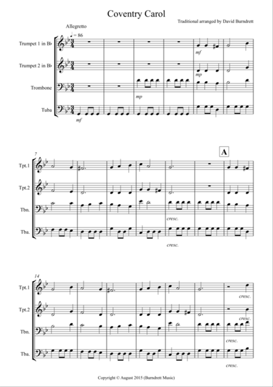 Coventry Carol for Brass Quartet Brass Quartet scores gallery preview page 1
