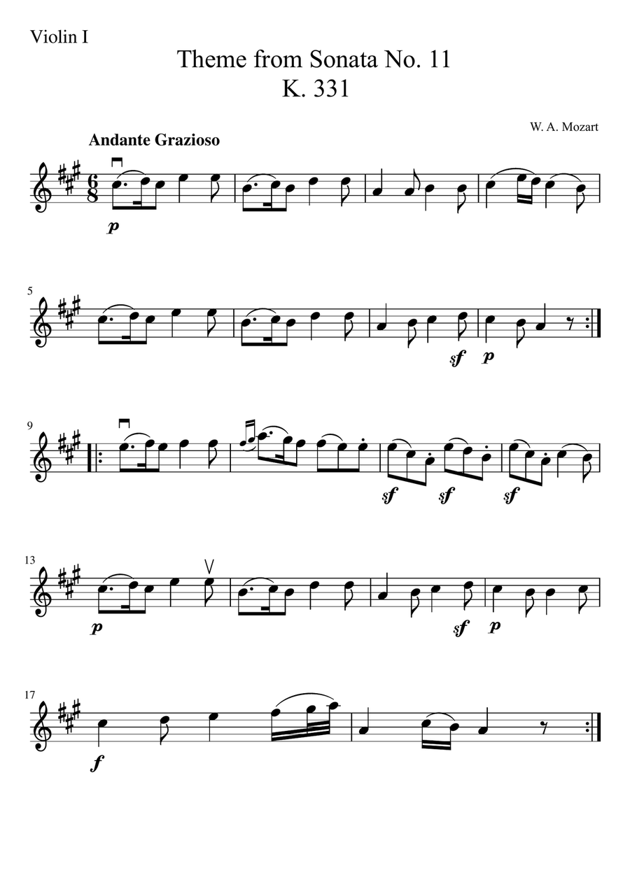 Theme from Mozart Sonata No. 11, K. 331 String Quartet scores gallery preview page 4