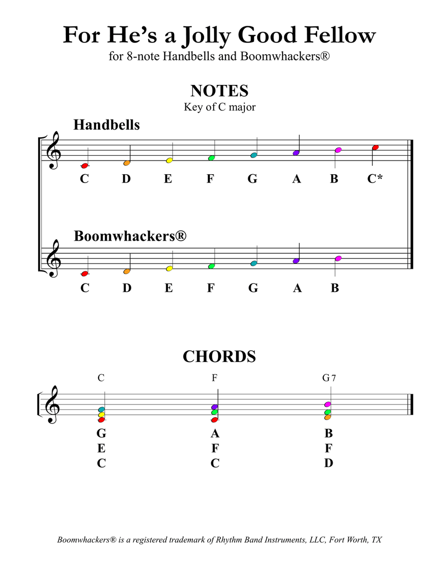 For He's a Jolly Good Fellow (for 8-note Bells and Boomwhackers with Color Coded Notes) Handbell Choir scores gallery preview page 3