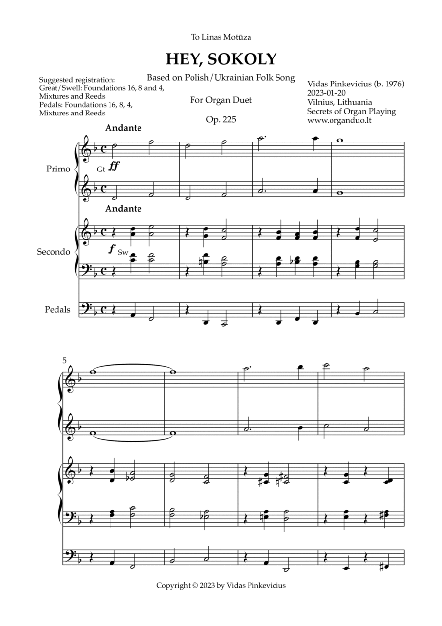 Hey, Sokoly, Op. 225 (Organ Duet) by Vidas Pinkevicius Organ Solo scores gallery preview page 1