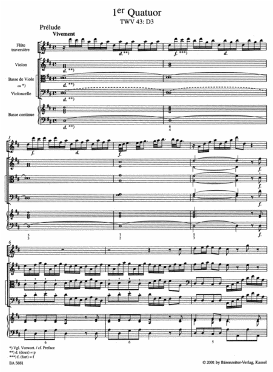 Nouveaux Quatuors en Six Suites I for Flute, Violine, Viola da gamba oder Violoncello und Basso continuo 'Pariser Quartette' Flute scores gallery preview page 2