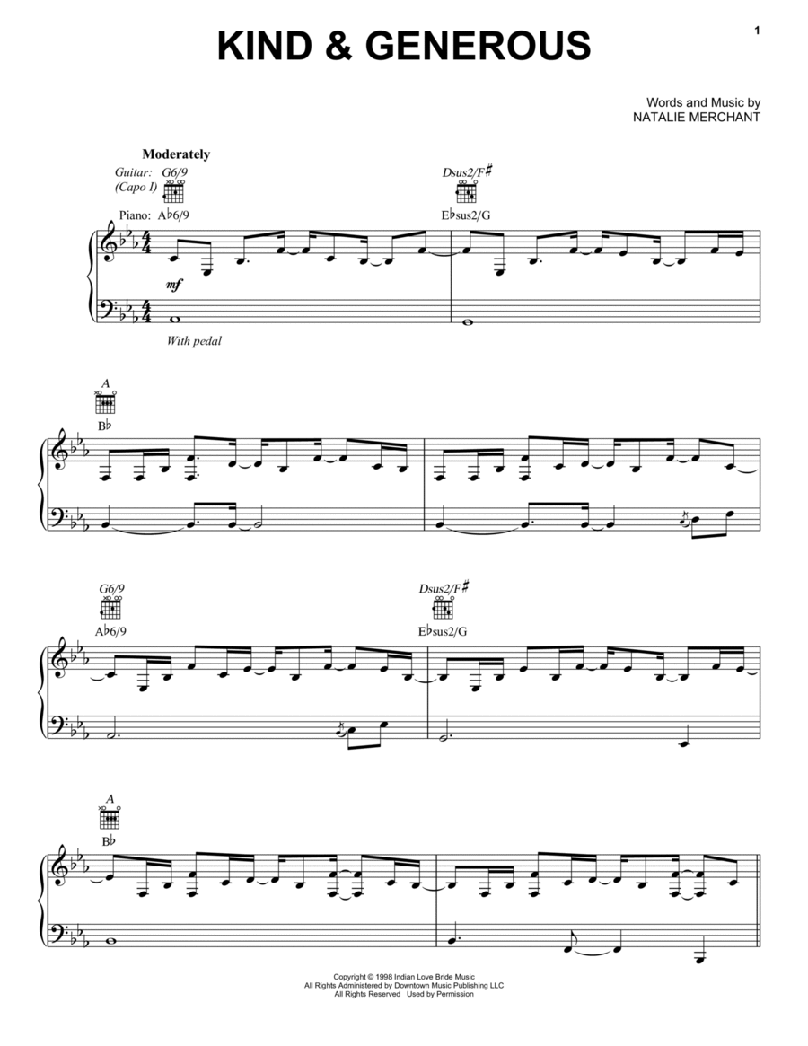 Kind & Generous Piano, Vocal, Guitar scores gallery preview page 1