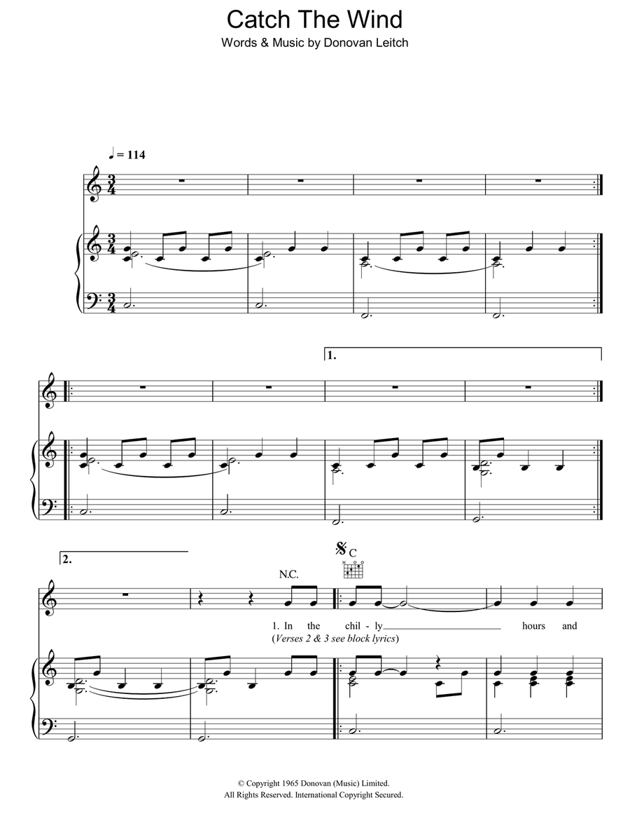 Catch The Wind Piano, Vocal, Guitar scores gallery preview page 1