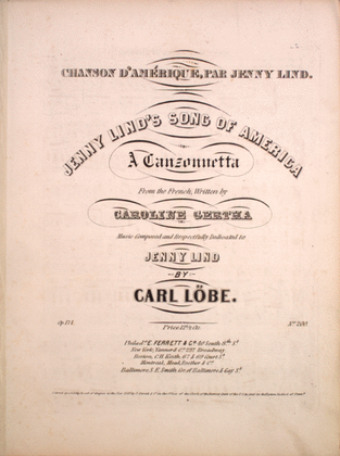 Book cover for Chanson D'Amerique, Par Jenny Lind. Jenny Lind's Song of America. A Canzonnetta