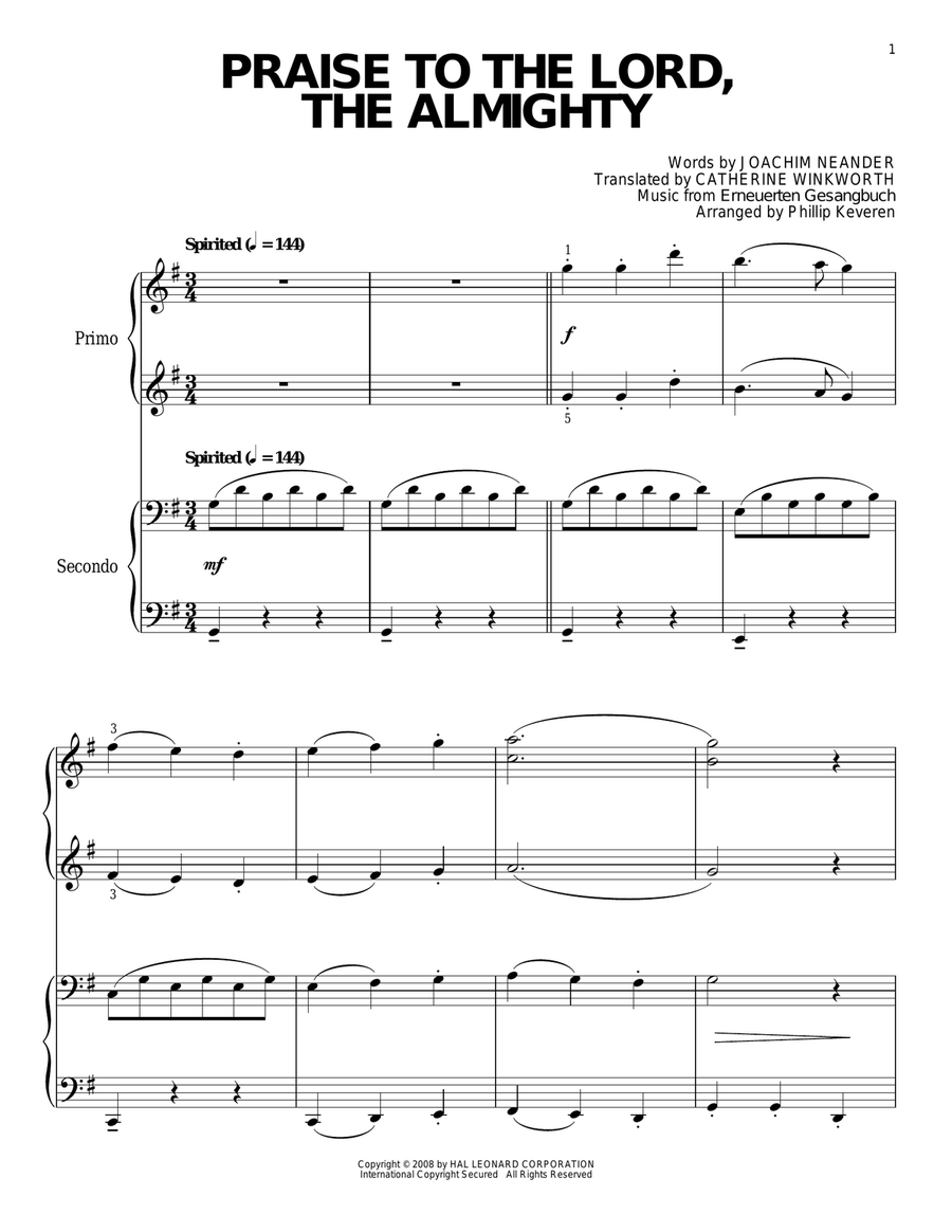 Praise To The Lord, The Almighty (arr. Phillip Keveren) Piano Duet scores gallery preview page 1