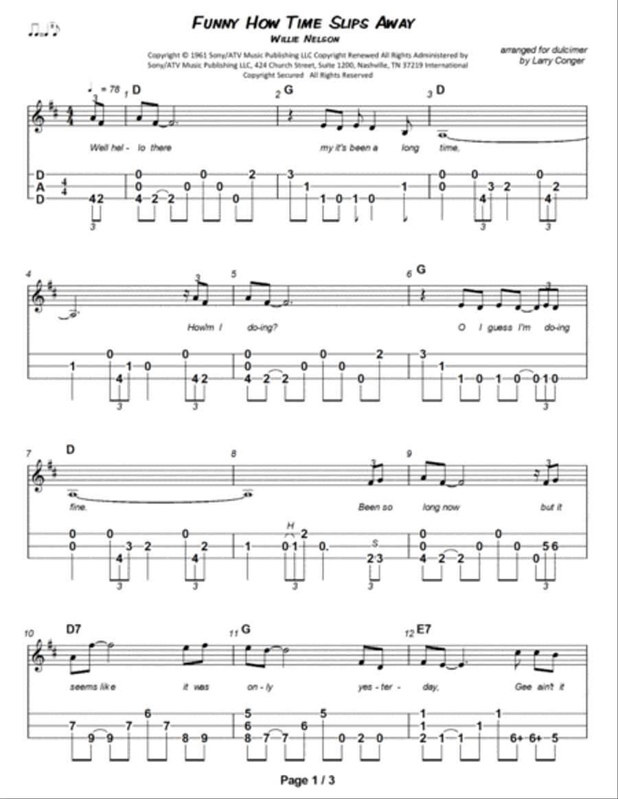 Funny How Time Slips Away Dulcimer scores gallery preview page 2