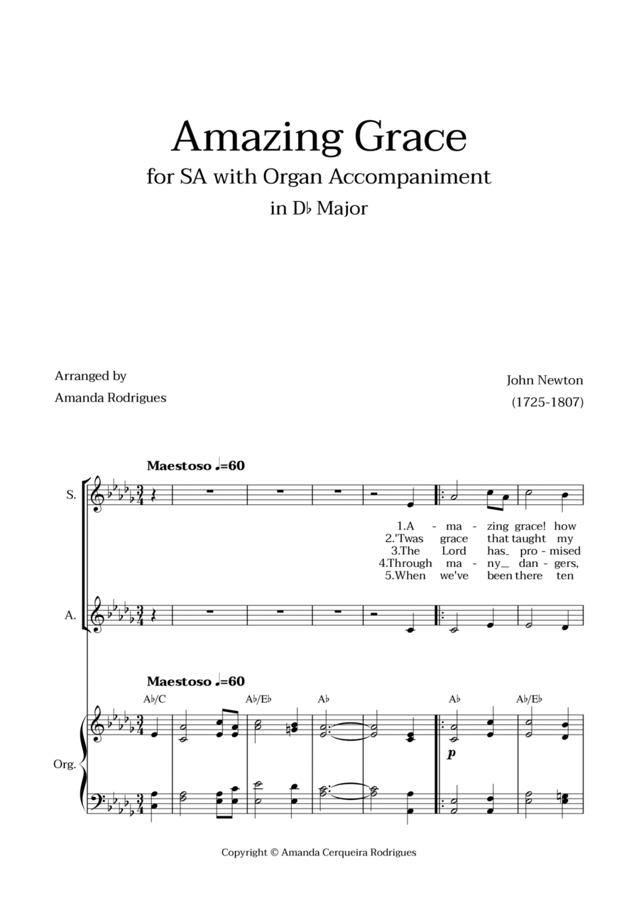 Amazing Grace in Db Major - SA with Organ Accompaniment and Chords SA scores gallery preview page 1