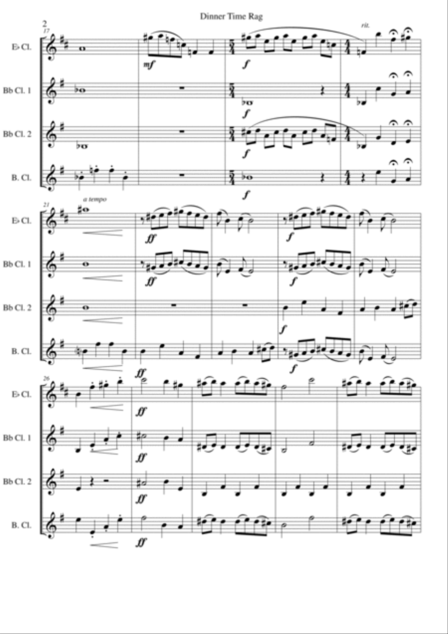 Dinner Time Rag for clarinet quartet (1 E-flat Clarinet, 2 B-flat clarinets, 1 bass clarinet) Clarinet Quartet scores gallery preview page 2