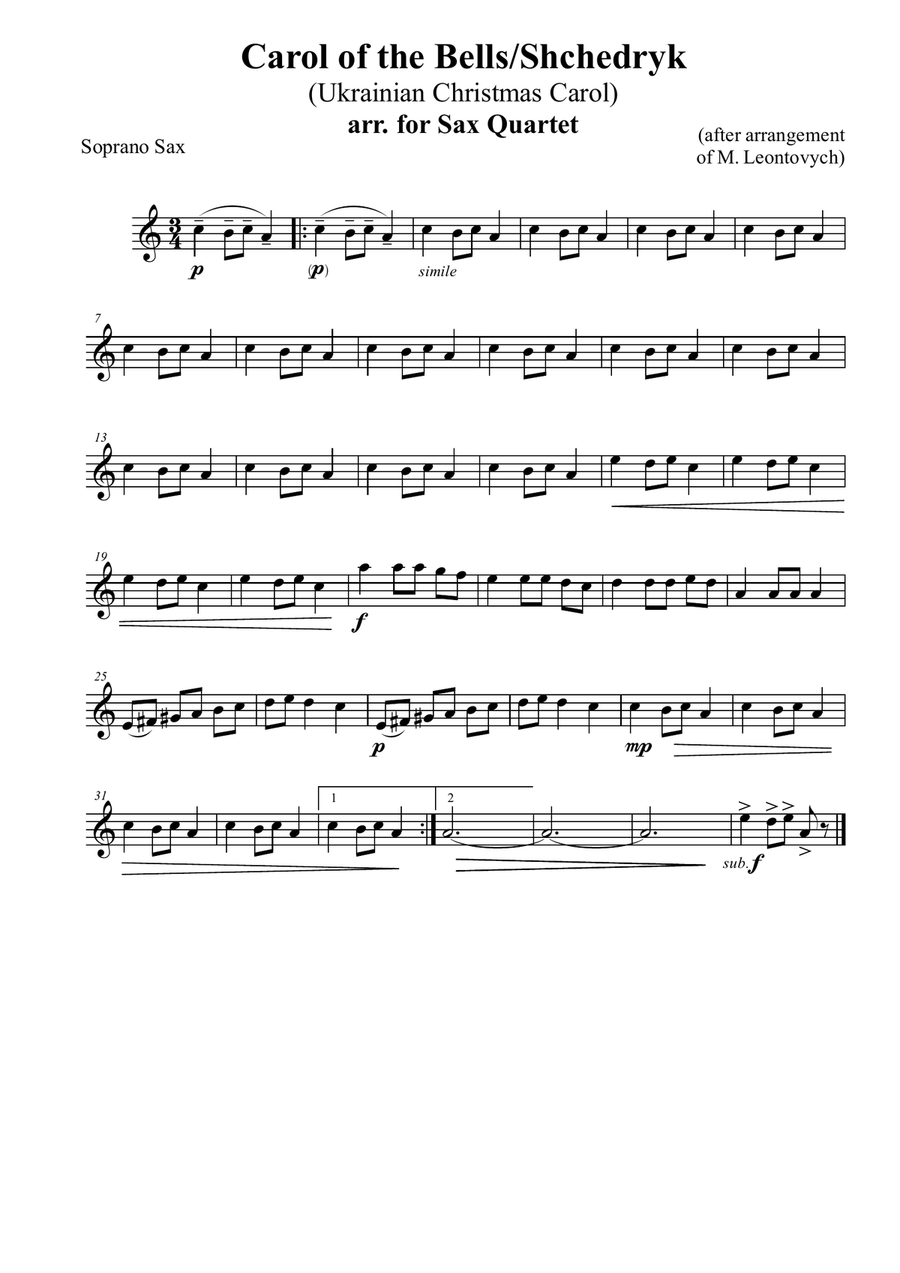 Carol of the Bells/Shchedryk (Ukrainian Christmas Carol), arr. for Sax Quartet Saxophone Quartet scores gallery preview page 3