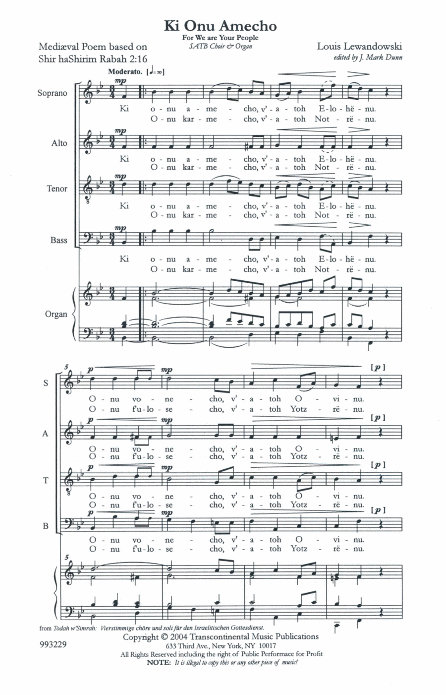Two Settings of Ki Onu Omecho 4-Part scores gallery preview page 1