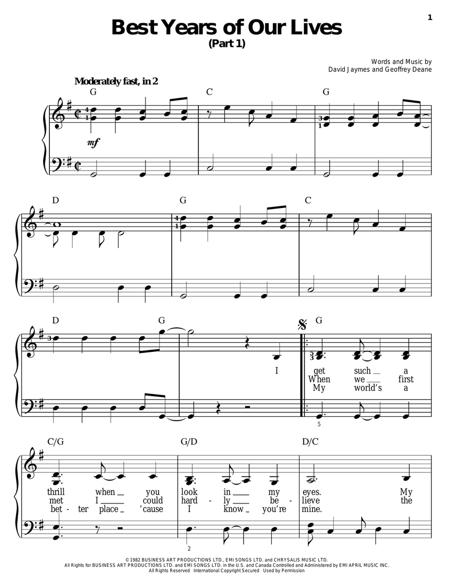 Best Years Of Our Lives (Part I) Easy Piano scores gallery preview page 1