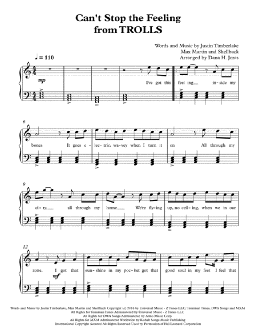 Can't Stop The Feeling from TROLLS Piano Solo scores gallery preview page 1