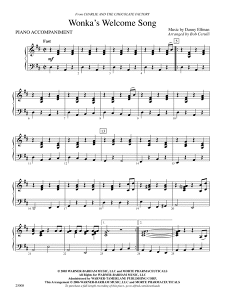 Wonka's Welcome Song (from Charlie and Chocolate Factory): Piano Accompaniment