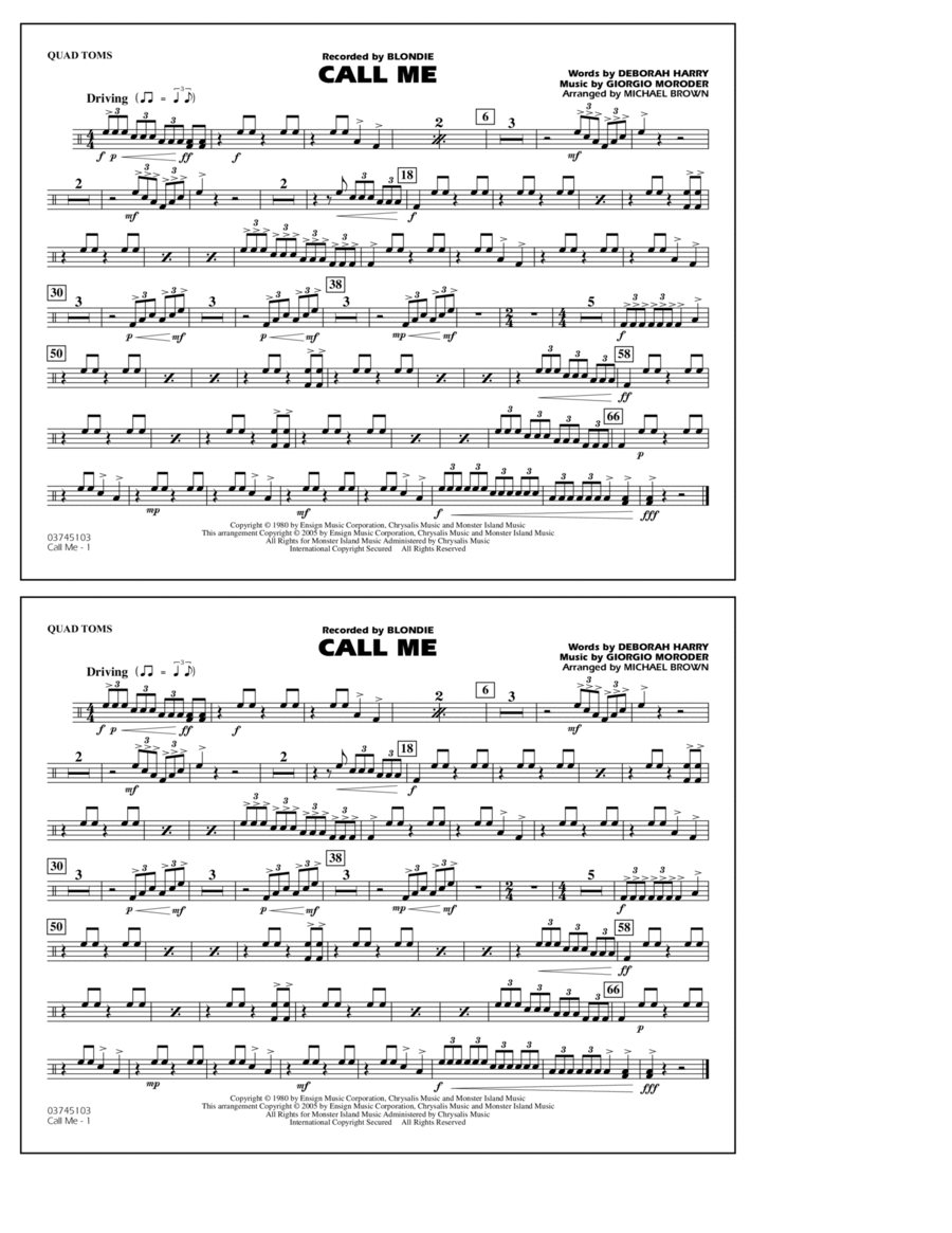 Call Me (arr. Michael Brown) - Quad Toms Marching Band scores gallery preview page 1