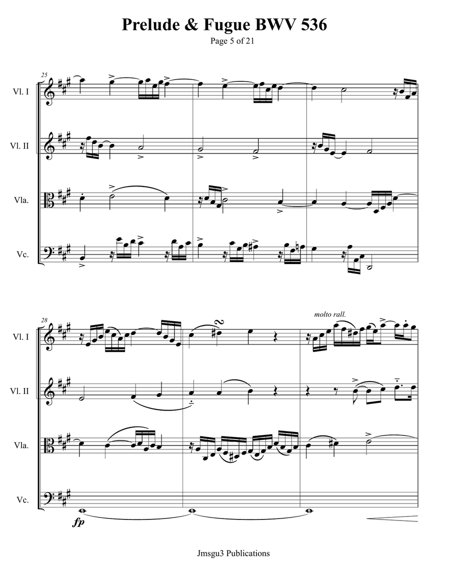 Bach: Prelude & Fugue in A Major BWV 536 String Quartet scores gallery preview page 5