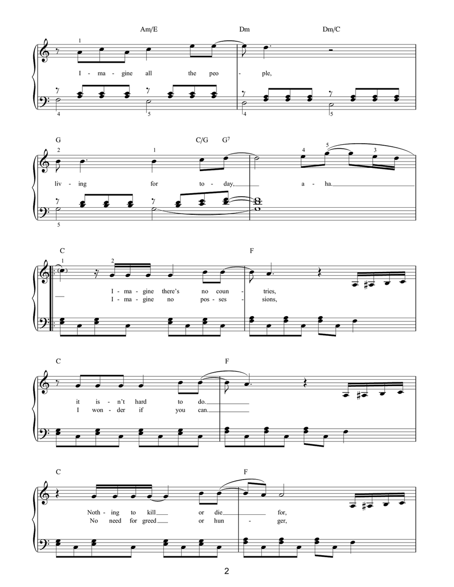 Imagine (arr. Hans-Gunter Huemann) Easy Piano scores gallery preview page 2
