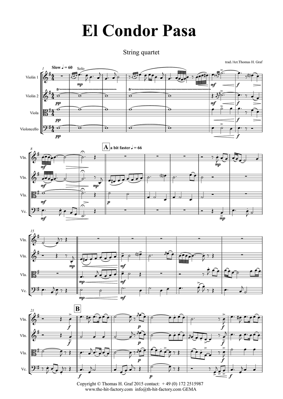 El Condor pasa - Peruvian Folk Song - String Quartet String Quartet scores gallery preview page 1