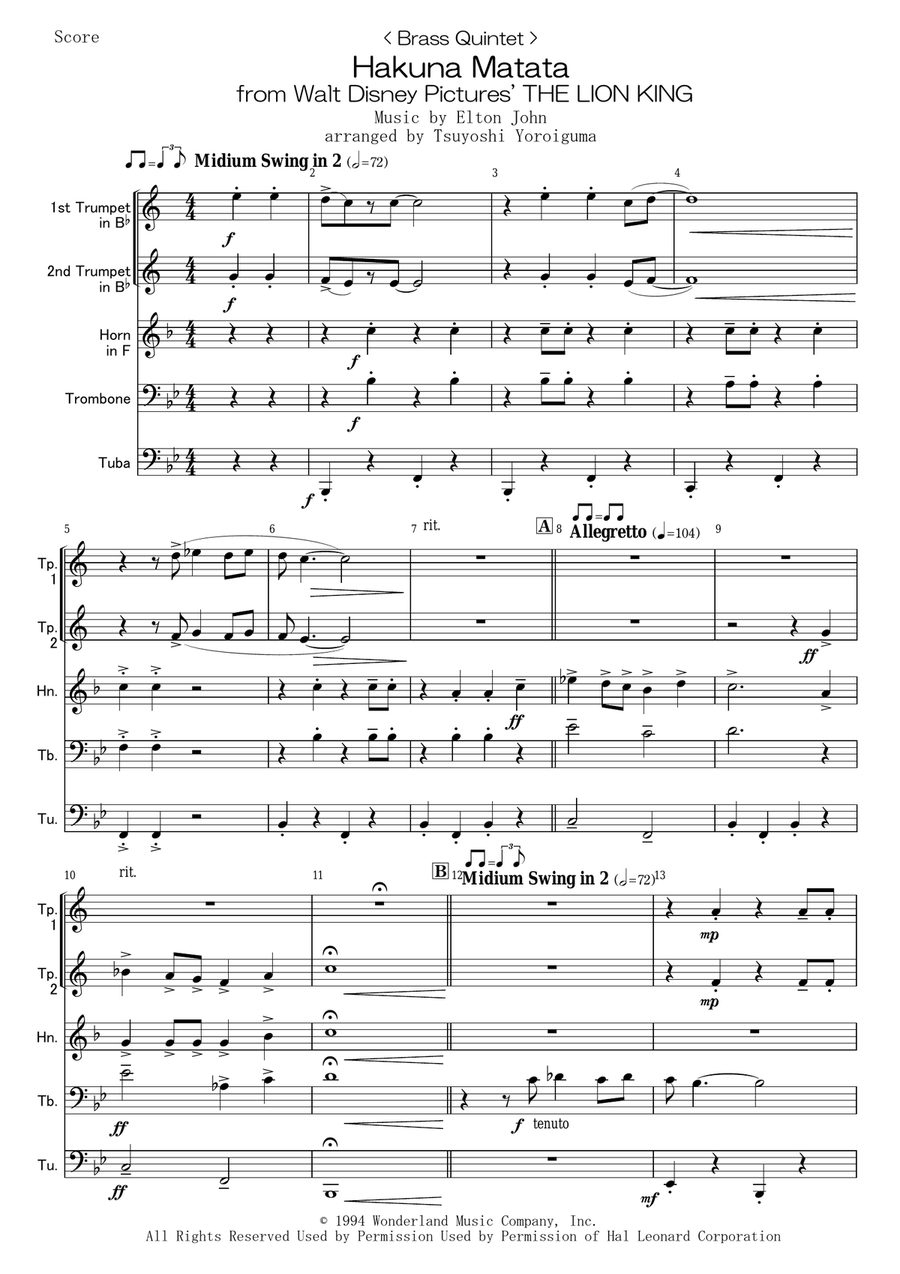 Hakuna Matata Brass Ensemble scores gallery preview page 1