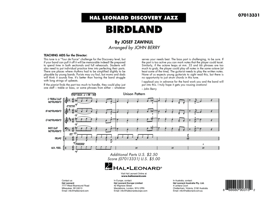 Birdland (arr. John Berry) - Conductor Score (Full Score) Jazz Ensemble scores gallery preview page 1