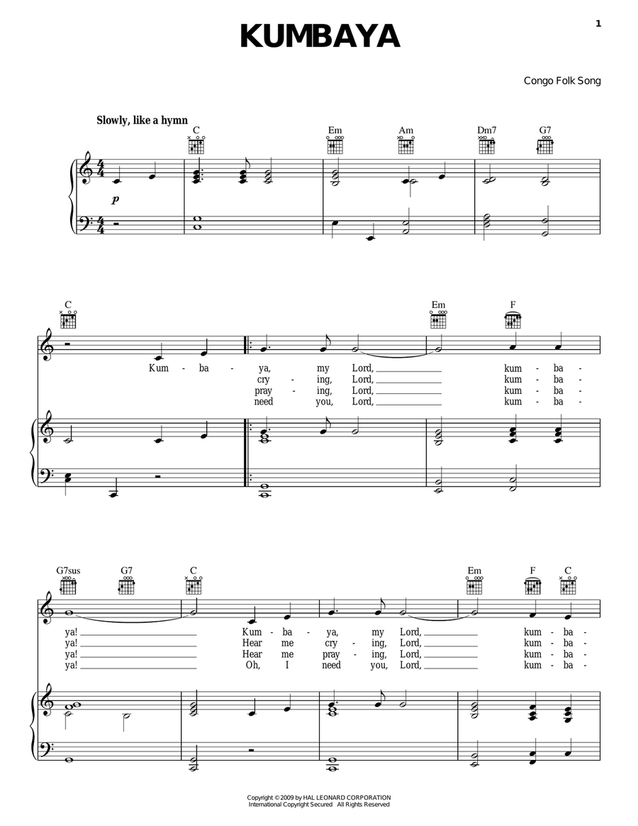 Kumbaya Kumbaya Piano, Vocal, Guitar scores gallery preview page 1