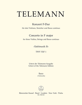 Book cover for Concerto for three Violins, Strings and Basso continuo F major TWV 53:F1