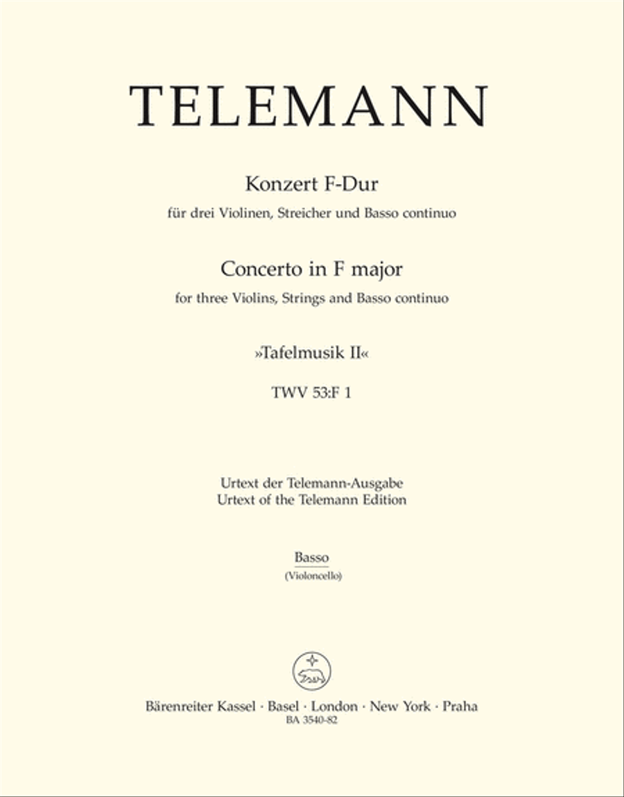 Book cover for Concerto for three Violins, Strings and Basso continuo F major TWV 53:F1