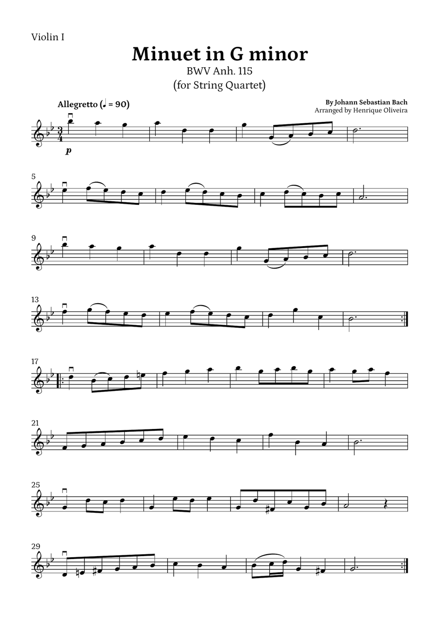 Minuet in G minor, BWV Anh. 115 (String Quartet) - J. S. Bach String Quartet scores gallery preview page 4