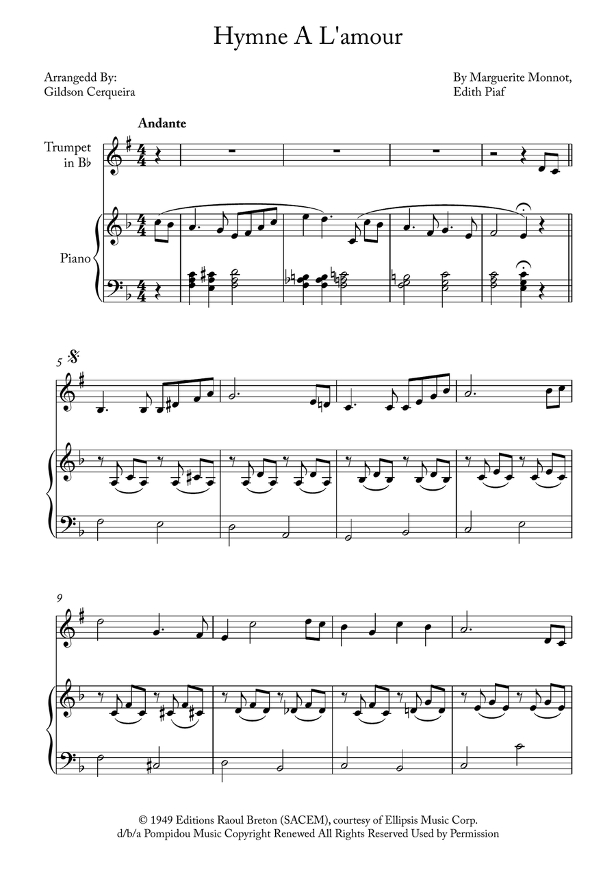 Hymne A L'amour B-Flat Trumpet scores gallery preview page 1