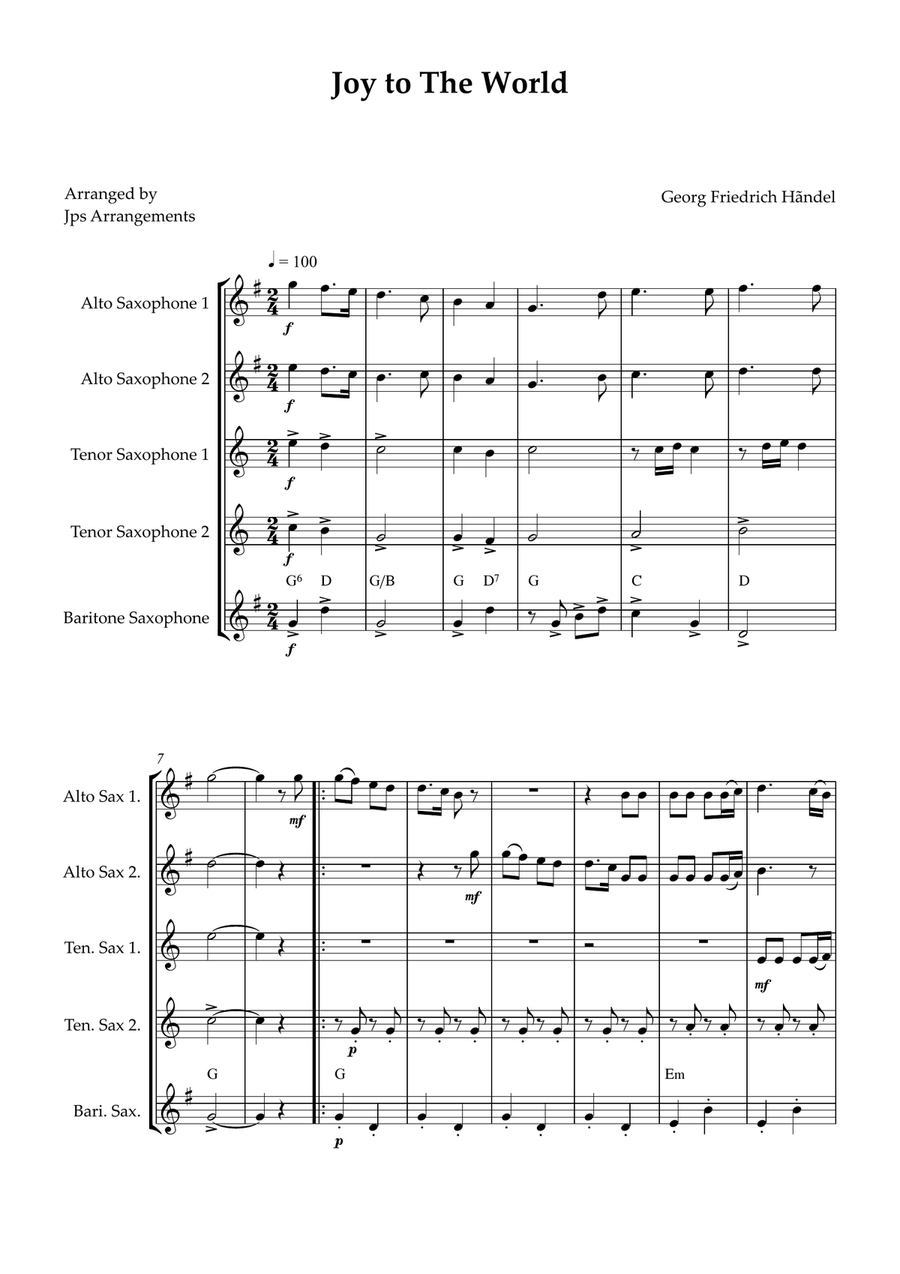 Joy To The World Sax quintet intermediate Saxophone Quintet scores gallery preview page 1