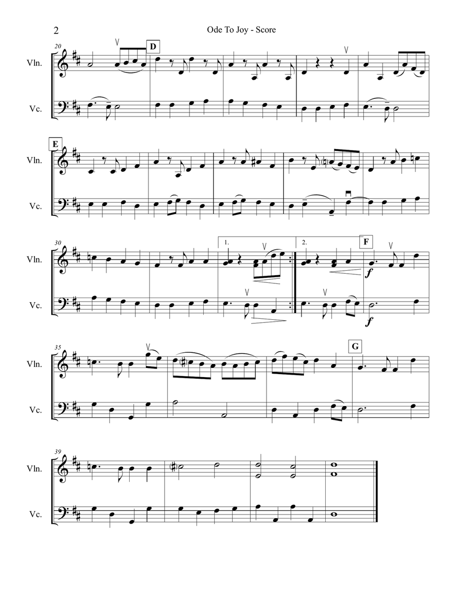 Ode To Joy for Violin and Cello String Duet scores gallery preview page 2