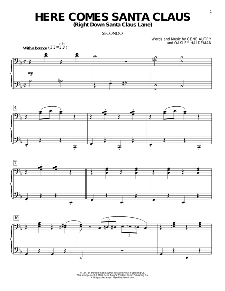 Here Comes Santa Claus (Right Down Santa Claus Lane) Piano Duet scores gallery preview page 1