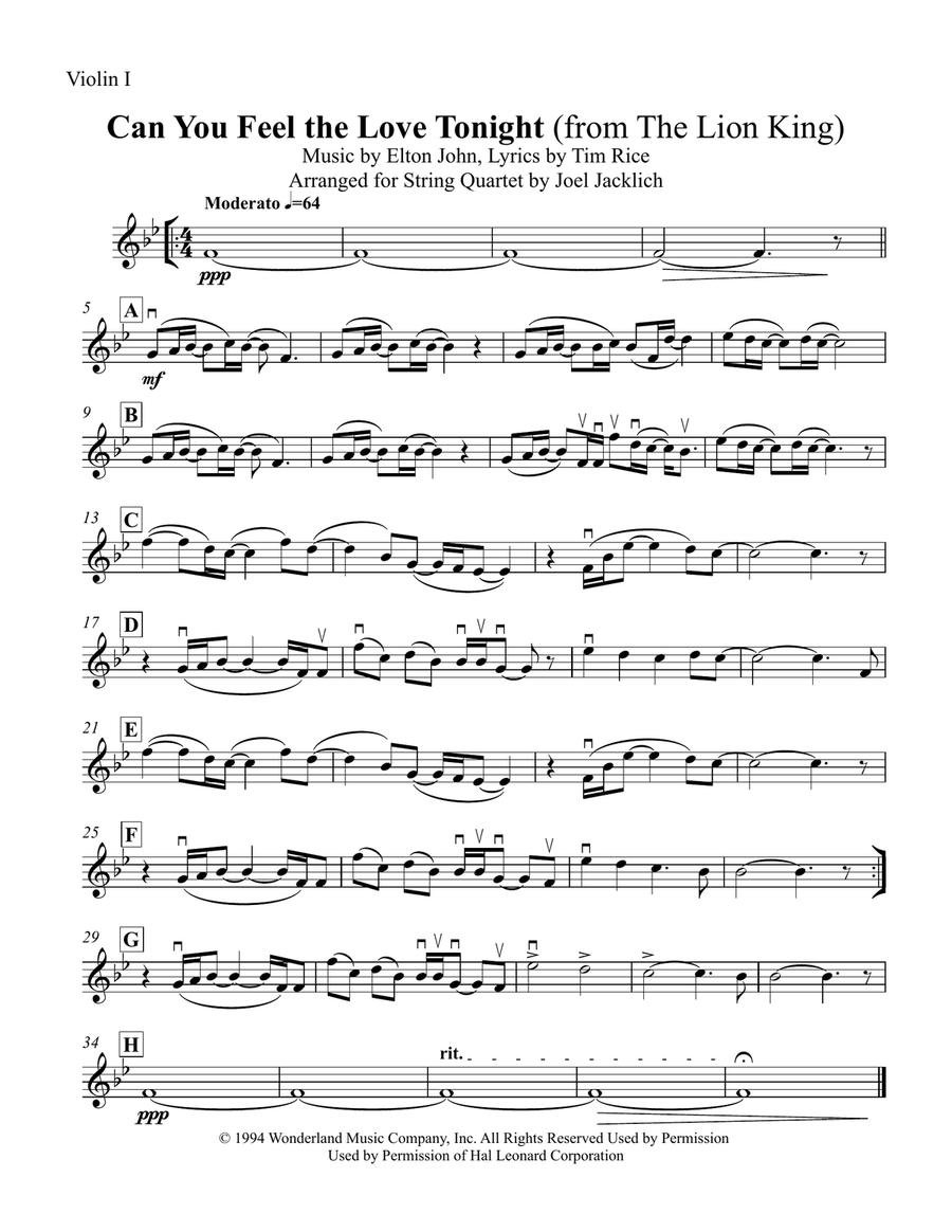 Can You Feel The Love Tonight String Quartet scores gallery preview page 4