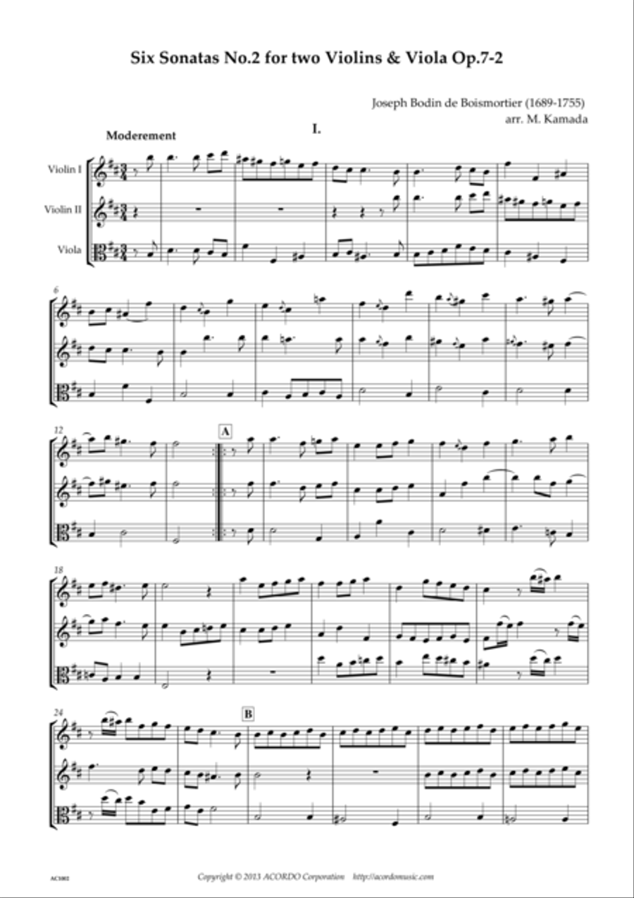 Six Sonatas No.2 for two Violins & Viola Op.7-2 String Duet scores gallery preview page 1