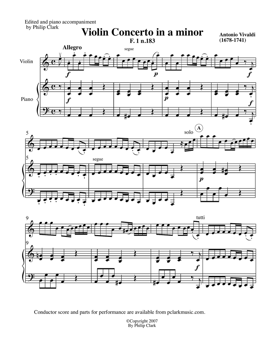 Violin Concerto in a minor F1 #183 Violin Concerto in a minor F1 #183 String Duet scores gallery preview page 1