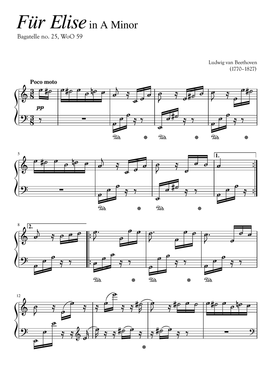 FUR ELISE (Beethoven Original) Piano Solo Classical Grade 4 - 5 with note names Piano Solo scores gallery preview page 1