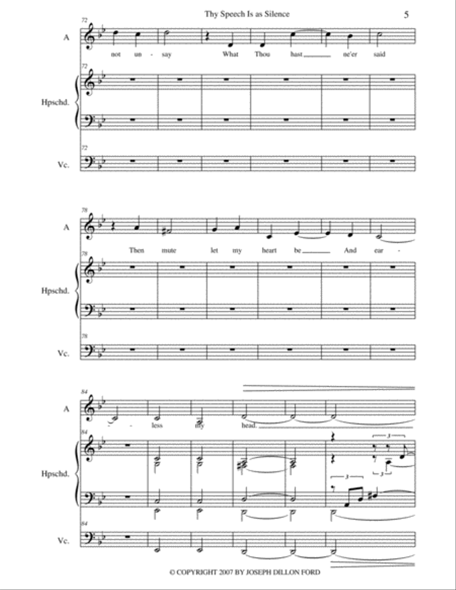 Thy Speech is as silence for alto voice, harpsichord and cello Small Ensemble scores gallery preview page 5