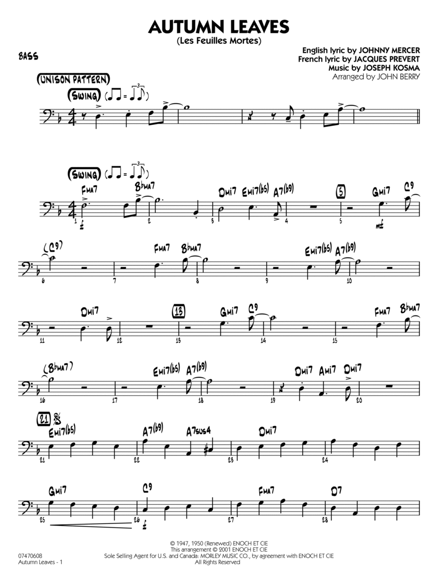 Autumn Leaves (arr. John Berry) - Bass Jazz Ensemble scores gallery preview page 1