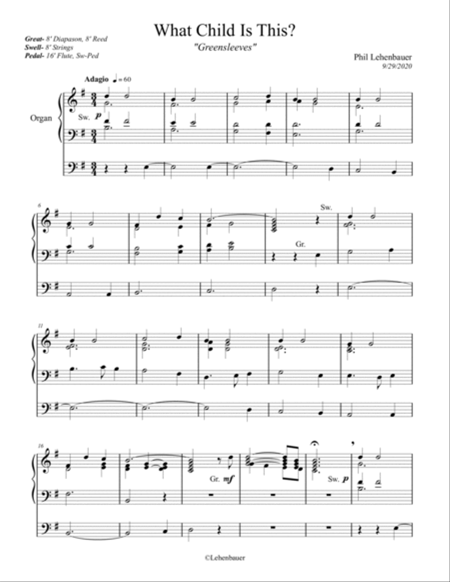 What Child Is This? (Greensleeves) organ work, by Phil Lehenbauer Organ Solo scores gallery preview page 2