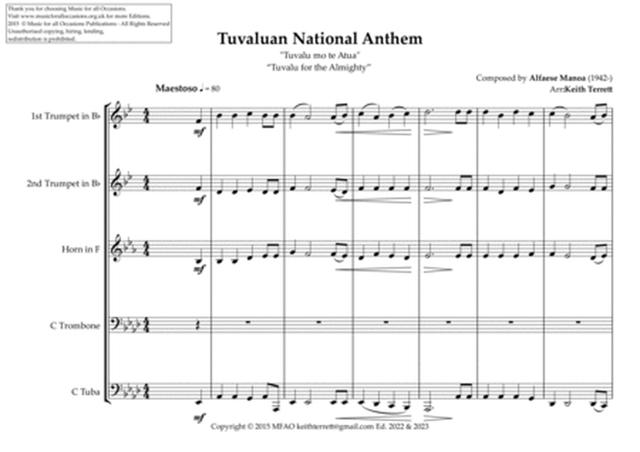 Tuvaluan National Anthem ''Tuvalu mo te Atua'' for Brass Quintet image number null