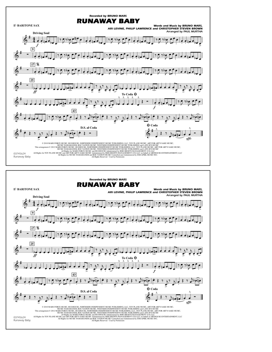 Runaway Baby - Eb Baritone Sax Marching Band scores gallery preview page 1