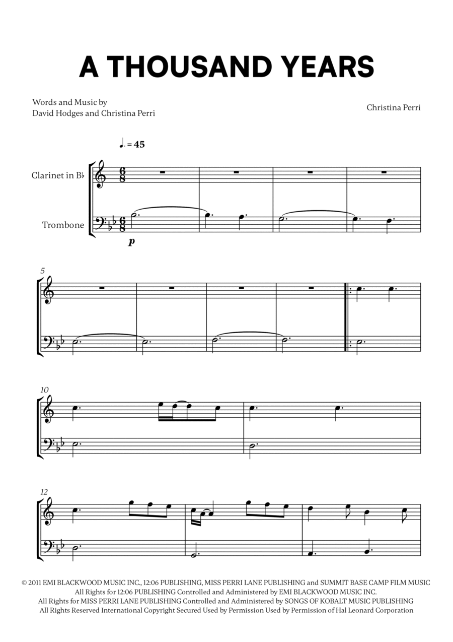 A Thousand Years B-Flat Clarinet scores gallery preview page 1