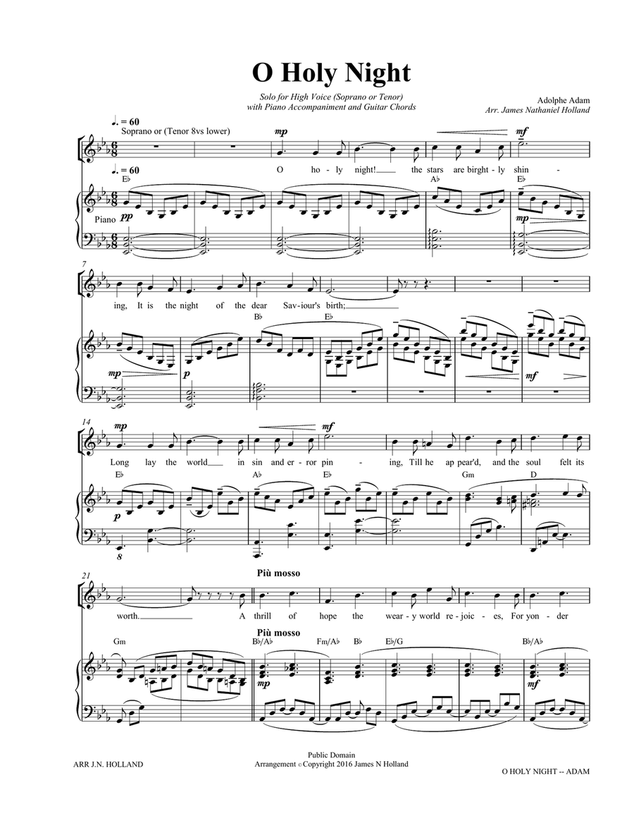 O Holy Night (Cantique de Noel) Adolphe Adam for Solo High Voice (Soprano or Tenor, Key of Eb) Tenor Voice scores gallery preview page 3