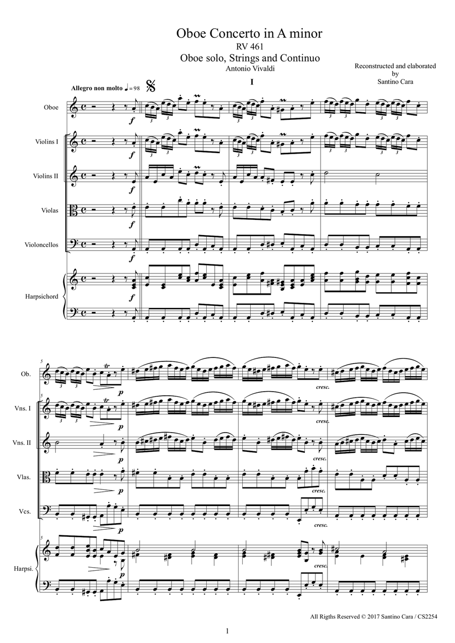 Vivaldi - Oboe Concerto in A minor RV 461 for Oboe, Strings and Continuo - Score and Parts Chamber Orchestra scores gallery preview page 1