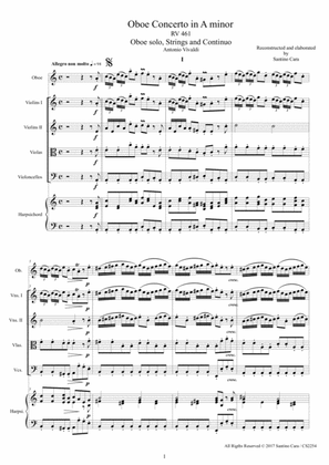 Vivaldi - Oboe Concerto in A minor RV 461 for Oboe, Strings and Continuo - Score and Parts