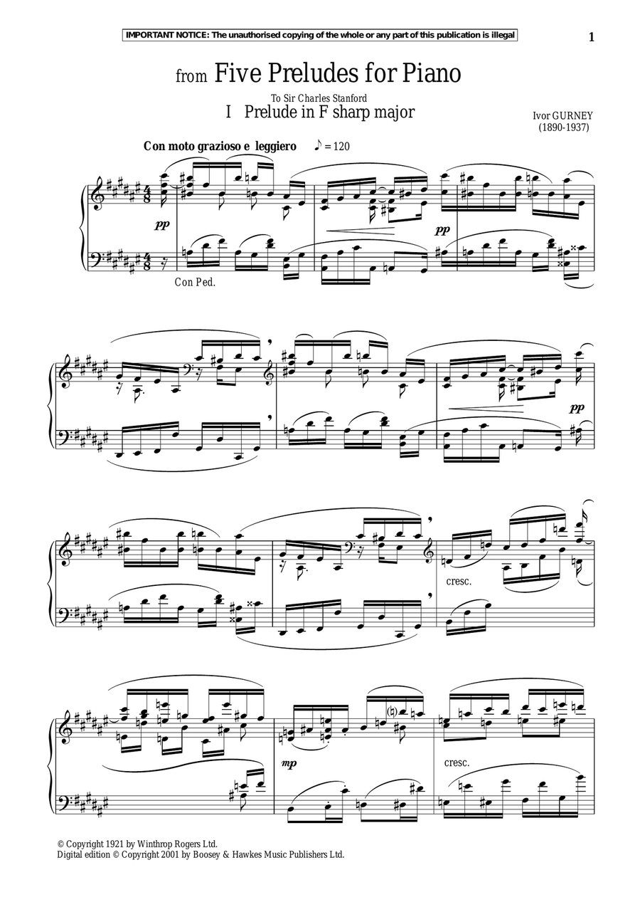 Five Preludes For Piano, I. Prelude In F-Sharp Major Piano Solo scores gallery preview page 1