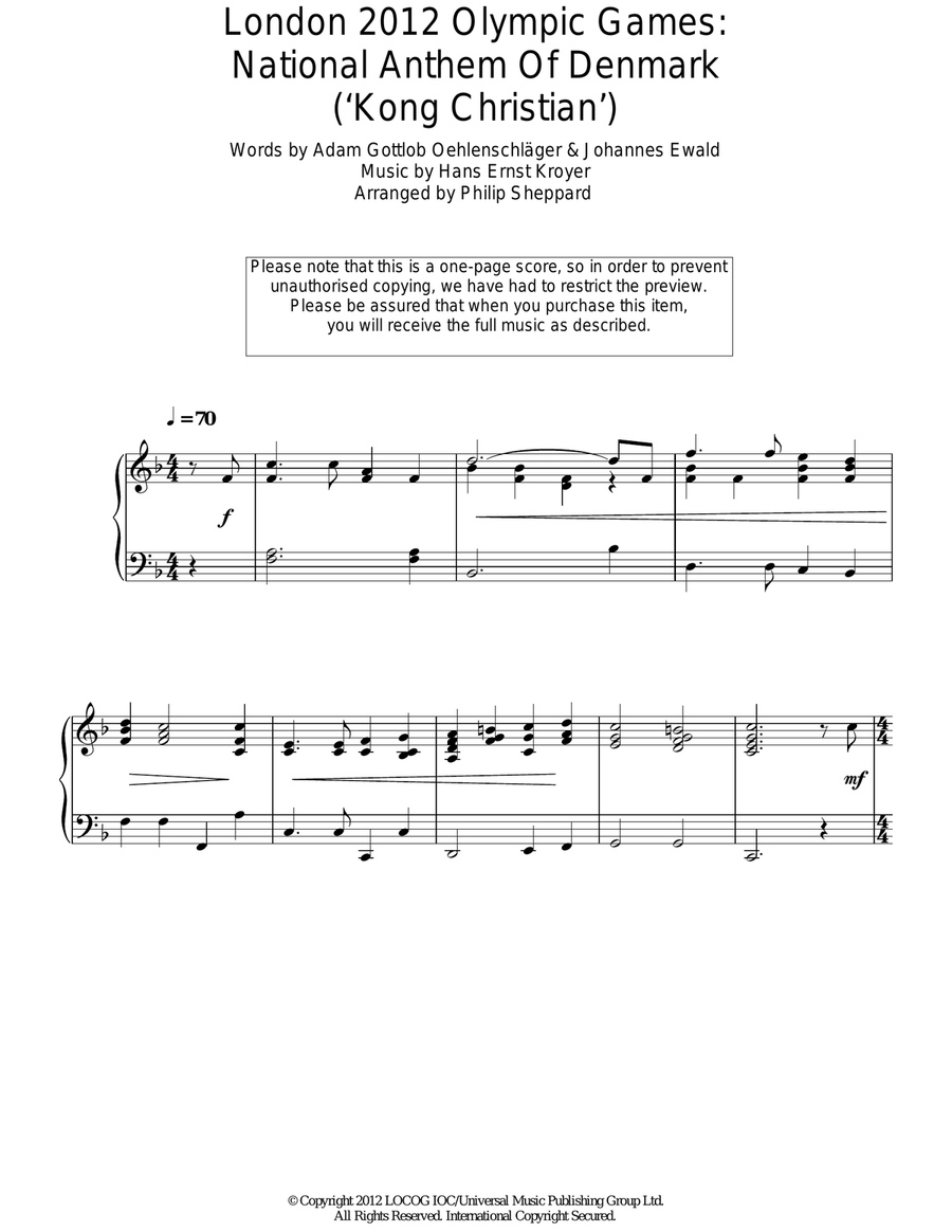London 2012 Olympic Games: National Anthem Of Denmark ('Kong Christian') Piano Solo scores gallery preview page 1