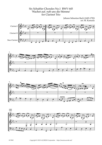 Six Schubler Chorales No.1 BWV645 'Wachet auf. ruft uns die Stimme' for Clarinet Trio image number null