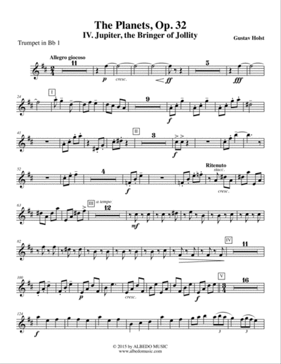 Holst The Planets, IV. Jupiter, the Bringer of Jollity - Trumpet in Bb 1 (Transposed Part), Op. 32 B-Flat Trumpet scores gallery preview page 1
