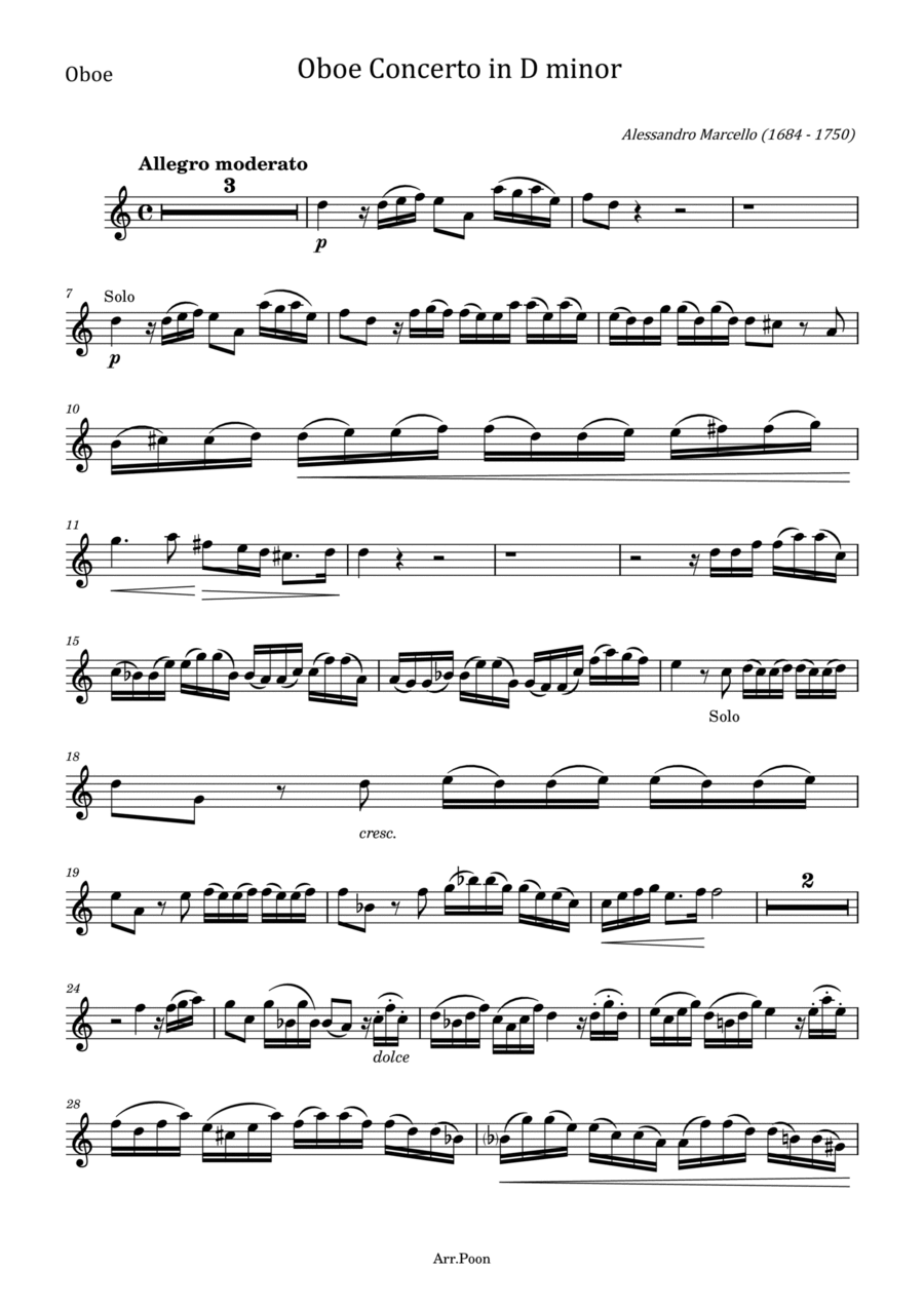 Concerto in D minor Bach/Marcello, Adagio BWV 974 - For Obeo Solo Original S.Z799 Oboe Solo scores gallery preview page 1